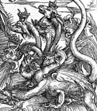 Line drawing of a beast with seven crowned heads emerging from the sea