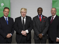 Jonathan Moulds, Bank of America; Boris Johnson, Mayor of London; Tim Campbell, Bright Ideas Trust; Jules Pipe, Mayor of Hackney