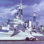 HMS Belfast in retirement on the Thames prior to moving to Greenwich.