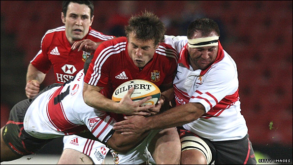 Lions wing Tommy Bowe takes on the Golden Lions defence