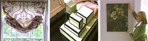 Patterned blind, boxes and Nina Campbell hold up a painting