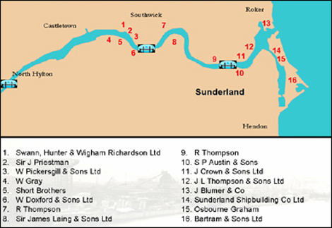 Map of yesteryears shipyards on the Wear