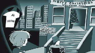 Tiny Tim, standing alongisde the Ghost of Christmas Future, watches the young wheelchair user sitting at the bottom of the steps up to the party venue