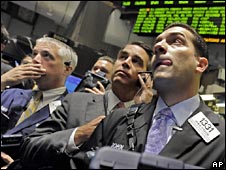 Traders on the floor of the New York Stock Exchange, during the global financial crisis, Oct 2008