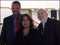 BBC Leicester's John Florance and Rupal Rajani with Reverend Jesse Jackson in Leicester