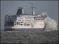 A P&O ferry battling the storms at Dover