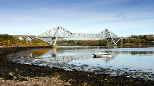 View from peeble beach to Connel Bridge over Loch Etive