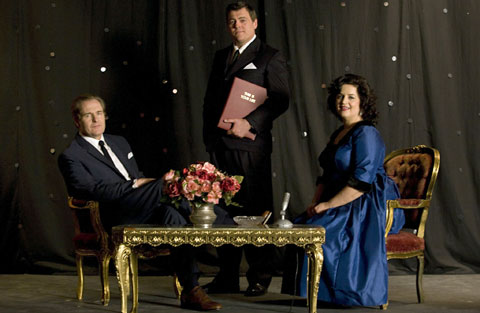 Robert Bathurst (John Le Mesurier), Lewis Macleod (Eamonn Andrews) and Ruth Jones (Hattie Jacques). Photo: BBC/Angel Eye Media Ltd
