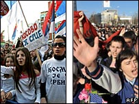 Ethnic Serbs in Mitrovica (L) and ethnic Albanians in Pristina