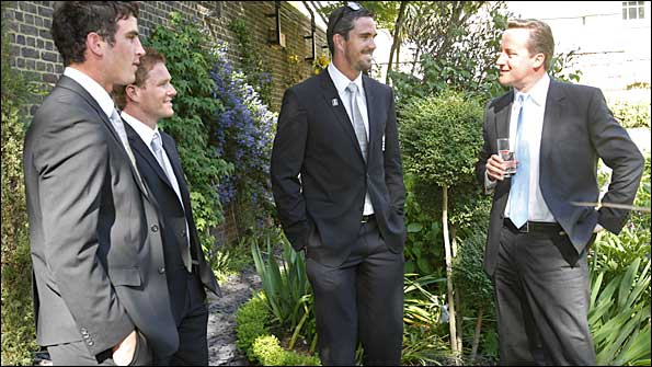 Eoin Morgan, Craig Kieswetter and Kevin Pietersen at Downing Street with David Cameron