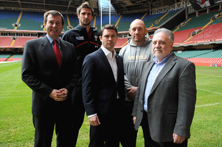 Roger Lewis, Wales international Luke Charteris, Owen Sheers, Wales forwards coach Robin McBryde and Dai Smith. Photo: Huw Evans Picture Agency