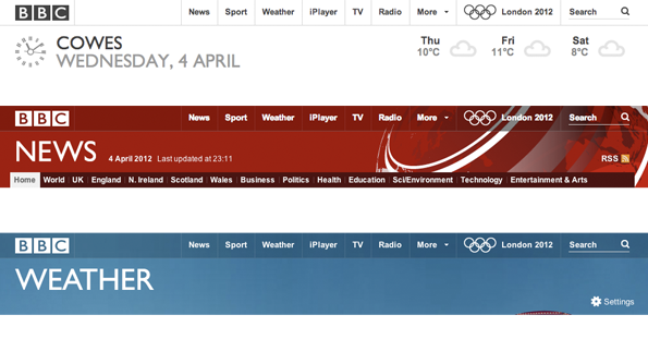 Toolbars for the homepage, BBC News, and BBC Weather, showing different shading
