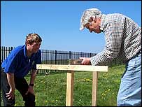 Mike and Paul measure up using a spirit level