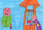 Person yn rhoi bag mawr o arian i'r offeiriad i gael gwared o'r melltith