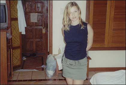 Debbie in her hotel room