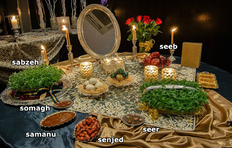 Haft Seen items on a sofreh cloth