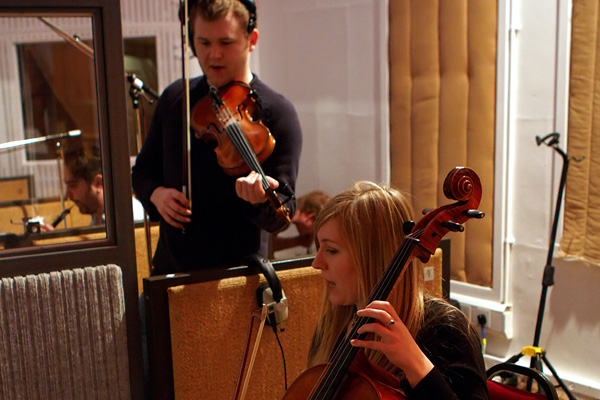 Sam Sweeney and Rachel McShane of Bellowhead recording at Abbey Road Studios.