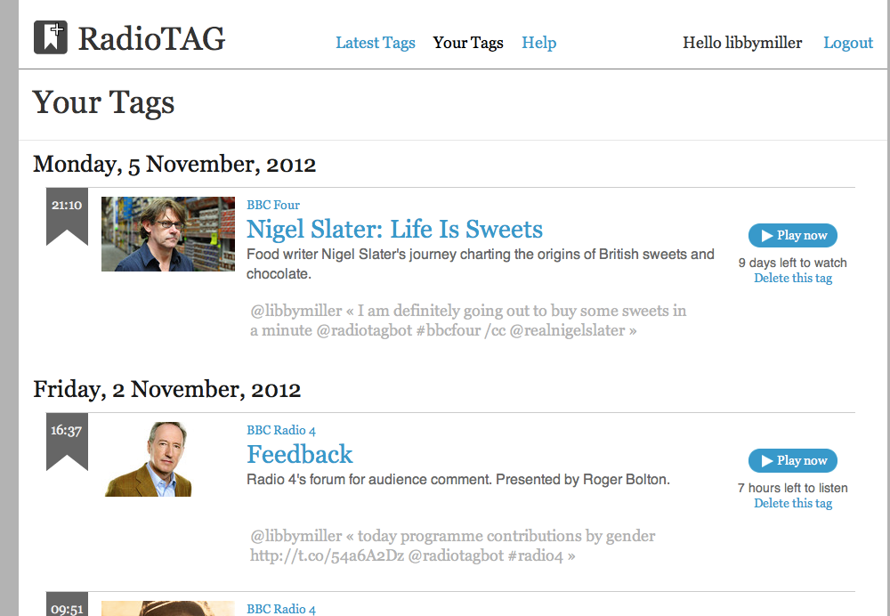 Screenshot of radiotagbot website.