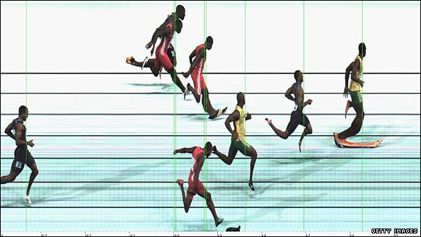 Photo from the Seiko Press Service showing Bolt's 100 win