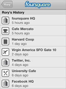 Screengrab of Rory's Foursquare app