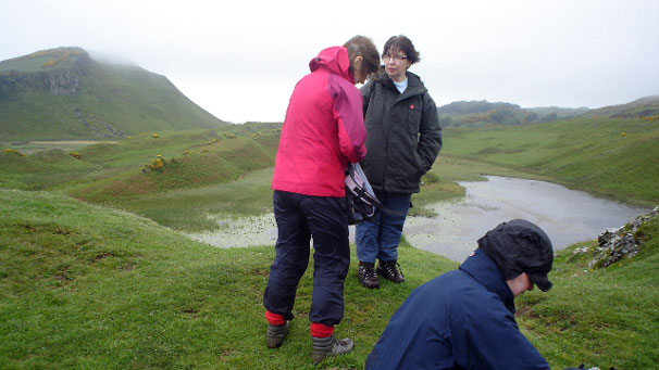 "Taking a windswept break before going down to Loch na Leighe."