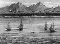 Flags of the East India Company exploiting the coast of Malabar, at Calicut (Getty Images/Hulton|Archive)