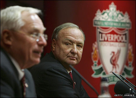 American businessmen George Gillett (L) and Tom Hicks talk to the media after their takeover of Liverpool Football Club in February 2007