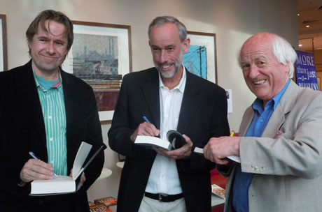 Shortlisted authors Alastair Reynolds, John Harrison and Ned Thomas at the announcement in Cardiff