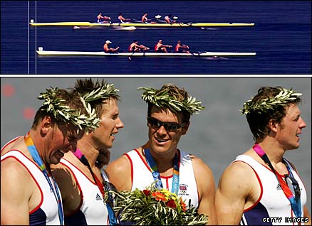 Britain's Matthew Pinsent winning his fourth gold at the 2004 Olympics (top) and receiving his medal