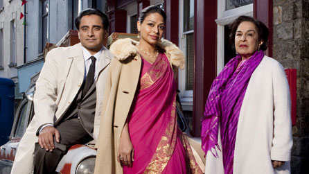 Sanjeev Bhaskar as Dr Prem Sharma, Ayesha Dharker as Kamini Sharma and Indira Joshi as Pushpa. Photo: Rondo Media/BBC
