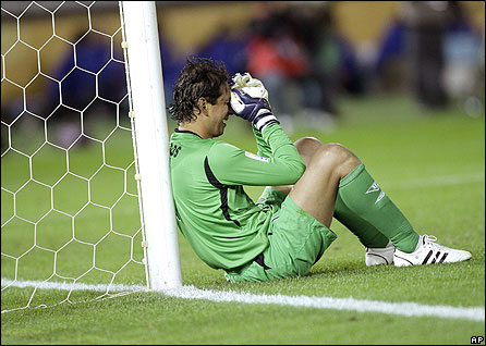 Quito goalkeeper Jose Cevallos is devastated at his side's defeat