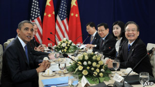 奧巴馬（左）與溫家寶於柬埔寨舉行雙邊會談（20/11/2012）
