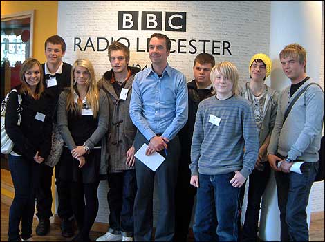 Winners of the Leicestershire County Council's Anti-Bullying Competition with BBC Leicester's David Harvey