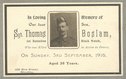Portrait of Thomas Boslem from an official memorial card. Portrait of Thomas Boslem from an official memorial card.