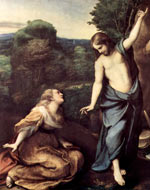 Mary Magdalene kneels before Jesus, who is standing in front of her wearing a shroud. She has her hand drawn back as if afraid to touch him and Jesus is holding a hand out to stop her coming any closer