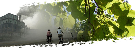 Composite image: polluting factory, a tree branc and two people cycling down a path