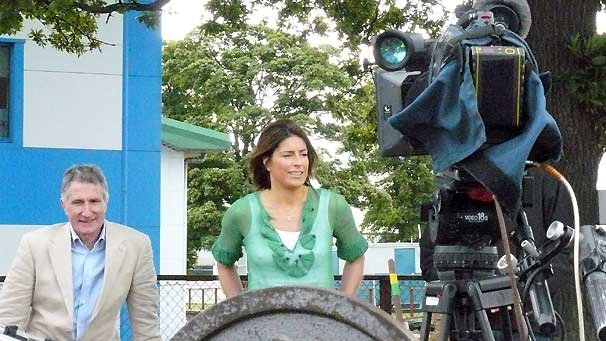 Landward presenters Ken Rundle and Sarah Mack take a breather during rehearsals.