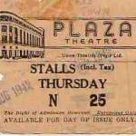 August 03, 1942 — Ticket for entry to the Plaza Cinema, Cape Town, South Africa. The cinema had a sliding roof, which opened completely in hot weather. The price was 1/3d that is 1 shilling and 3 pennies (now 6p). Note: the tickets were issued to Europeans Only.