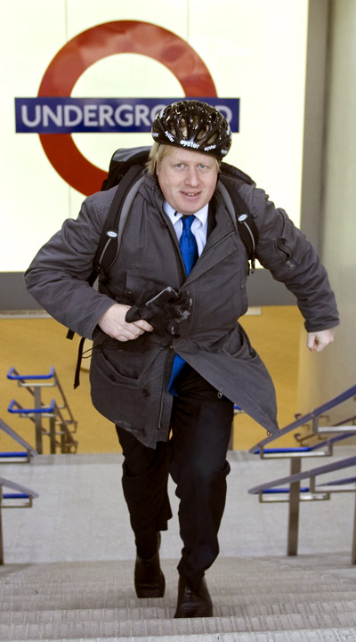 Boris eagerly climbing the steps of a tube station