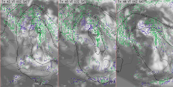 North Atlantic Evolution (NAE) modelling of possible wintry precipitation sinking south on Friday night (image via UK Met Office)