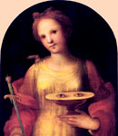 Saint Lucy depicted holding a dagger and a dish containing a pair of eyes