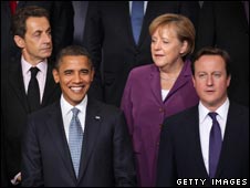 French President Nicolas Sarkozy, German Chancellor Angela Merkel, US President Barack Obama and UK Prime Minister David Cameron