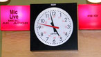 A clock in a radio studio.