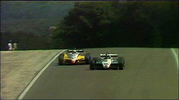 Keke Rosberg's Williams takes the lead from Alain Prost's Renault during the 1982 Swiss Grand Prix