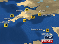 Weather map showing temperatures in Plymouth