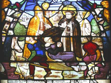 Woman sitting in a chair, carried by men, prays to St Bernard