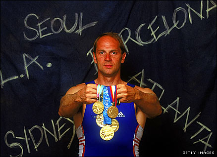 British rower Steve Redgrave with his five Olympic gold medals