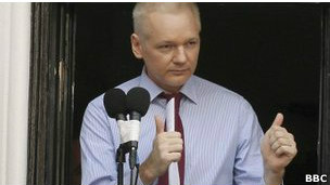 Julian Assange speaking outside the Ecuadorian embassy