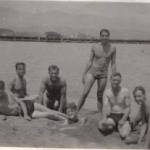 Len Thacker, extreme right, with shipmates from HMS Thruster, at "their awimming pool", the bay of Porto Vecchio, Corsica.