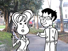 Alice holding her mobile and Khalid in the park